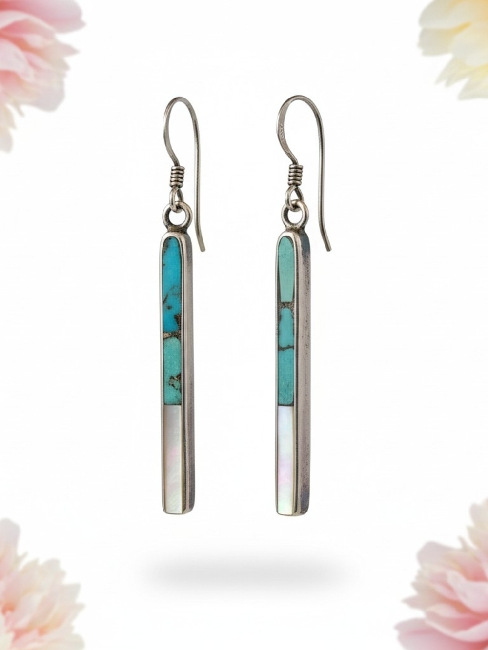 Turquoise & Mother Of Pearl Inlay Bar Drop Earrings by Jimmy Poyer